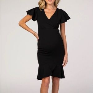 NWT PinkBlush Black Ruffle Accent Fitted Maternity Wrap Dress